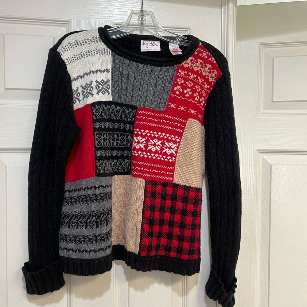 VINTAGE Women’s Black Color Block Thick Knit sweater boho‎ school teacher Medium